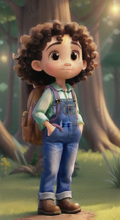  {The tree shining brightly and releasing a gentle, magical light., Riley, a curious with big brown eyes and curly hair, wearing overalls and carrying a small backpack. Their friend, Skye, a bluebird with shiny feathers.