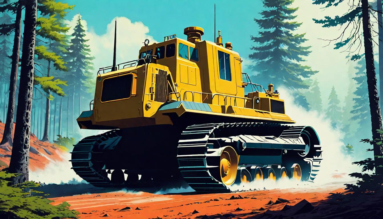  retro futuristic Bulldozer paused at the edge of a forest, decision to protect rather than destroy, responsibility, conservation over development, stand against pushback. lvintage sci fi, 50s and 60s style, atomic age, vibrant, highly detailed