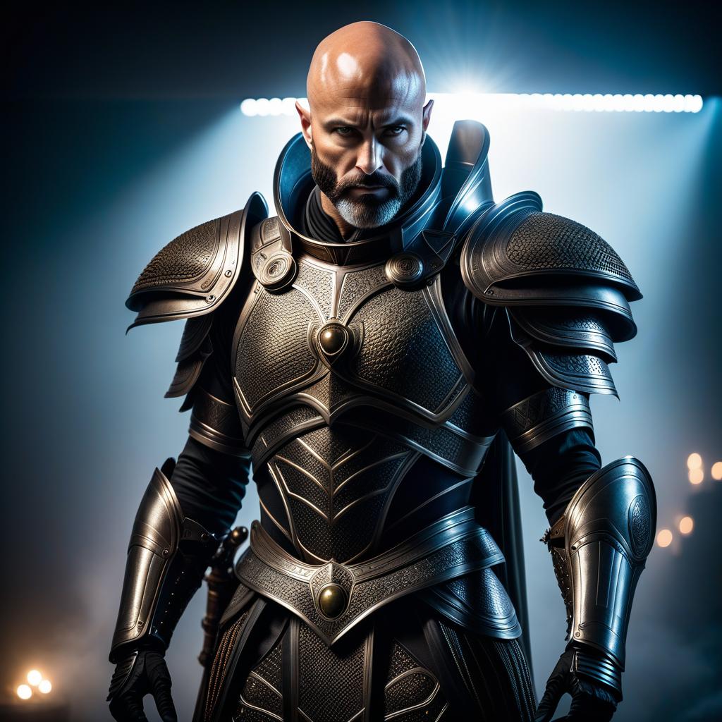  alien themed Bald, bearded warrior in knight's armor, without a helmet. . extraterrestrial, cosmic, otherworldly, mysterious, sci fi, highly detailed hyperrealistic, full body, detailed clothing, highly detailed, cinematic lighting, stunningly beautiful, intricate, sharp focus, f/1. 8, 85mm, (centered image composition), (professionally color graded), ((bright soft diffused light)), volumetric fog, trending on instagram, trending on tumblr, HDR 4K, 8K