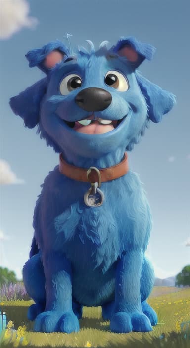  {A happy, big blue dog wagging its tail in a colorful meadow, The big blue dog is large with sky blue fur, big round eyes, a black nose, and floppy ears.