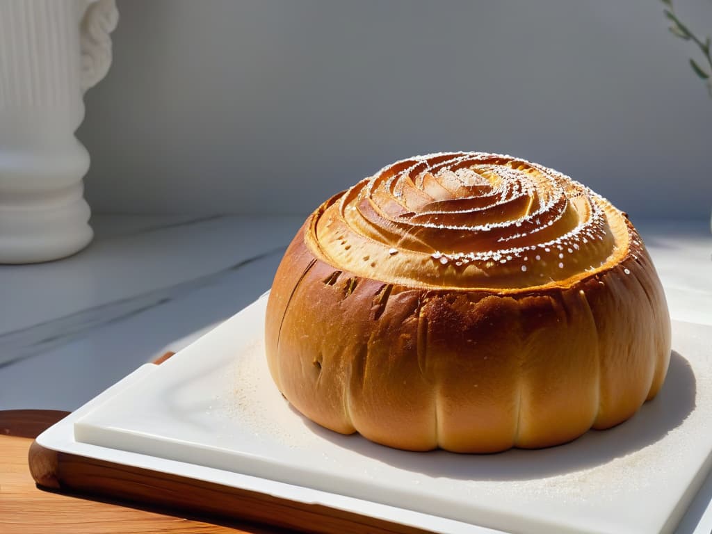  An ultradetailed image of a traditional Mexican concha bread placed on a sleek, modern, white marble countertop. The concha is perfectly goldenbrown, showcasing its intricate shelllike pattern dusted with just a hint of sugar. The lighting is soft yet highlights every tiny detail, from the delicate swirls on the bread's surface to the subtle cracks where the bread has been pulled apart. The background is blurred, emphasizing the bread as the focal point and symbolizing the fusion of traditional Mexican baking with a contemporary, global culinary perspective. hyperrealistic, full body, detailed clothing, highly detailed, cinematic lighting, stunningly beautiful, intricate, sharp focus, f/1. 8, 85mm, (centered image composition), (professionally color graded), ((bright soft diffused light)), volumetric fog, trending on instagram, trending on tumblr, HDR 4K, 8K