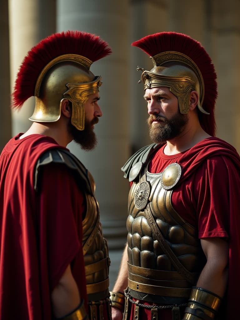  this editorial photograph features a pair of roman male patricians, dressed in historically accurate roman armor, loriga segmentata, engaged in a serious discussion while holding their gladii roman swords. their expressions convey a mix of severity and concern about an impending invasion, embodying a superior attitude. the scene is captured with a cinematic aesthetic, reminiscent of an action movie still, utilizing rollei retro film grain and side lighting from the left to enhance the mystical atmosphere. the use of emperador marble adds a touch of elegance and gravity to the composition.