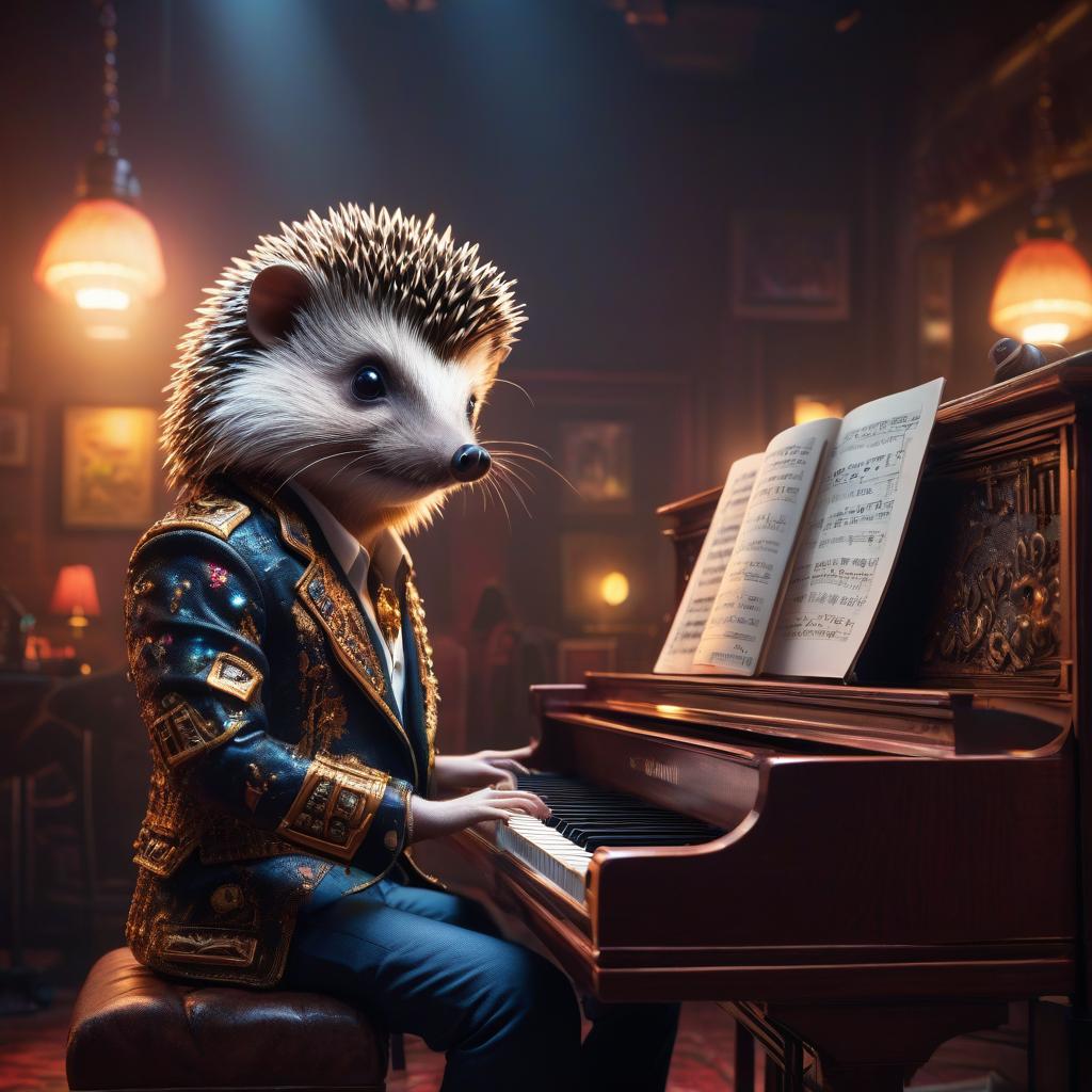  retro game art Punk rock, hedgehog pianist, plays the piano in the club. . 16 bit, vibrant colors, pixelated, nostalgic, charming, fun hyperrealistic, full body, detailed clothing, highly detailed, cinematic lighting, stunningly beautiful, intricate, sharp focus, f/1. 8, 85mm, (centered image composition), (professionally color graded), ((bright soft diffused light)), volumetric fog, trending on instagram, trending on tumblr, HDR 4K, 8K