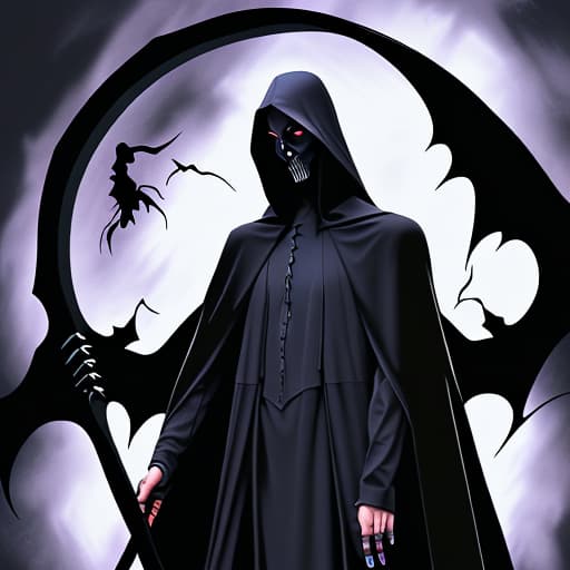  A humanoid forward facing black duck dressed as a grim reaper holding a scythe with a dark hell cape background