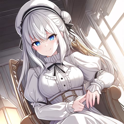  Short little white girl sitting in a chair, she has white hair in a side bun and where's a black and blue marin little hat for decoration and a white black dress with blue eyes and having a smug expression on her face hyperrealistic, full body, detailed clothing, highly detailed, cinematic lighting, stunningly beautiful, intricate, sharp focus, f/1. 8, 85mm, (centered image composition), (professionally color graded), ((bright soft diffused light)), volumetric fog, trending on instagram, trending on tumblr, HDR 4K, 8K