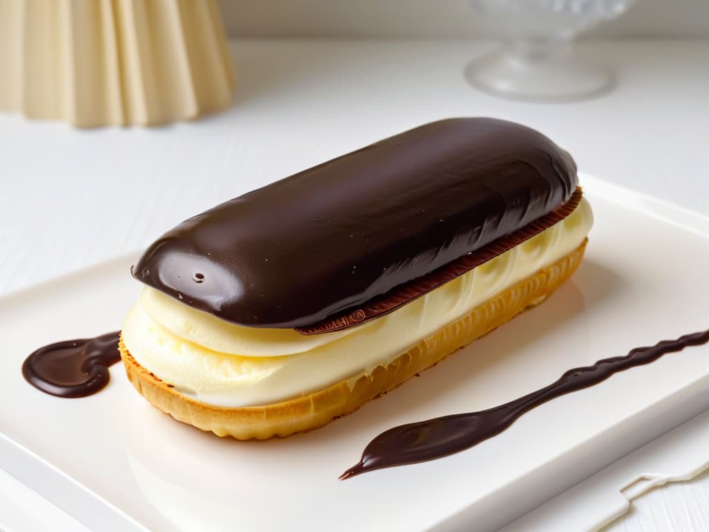  An ultradetailed image of a perfectly piped éclair shell, golden brown and shiny, filled with a light and airy vanilla cream, topped with a delicate layer of glossy chocolate ganache. The éclair is placed on a sleek, modern white plate, set against a soft, blurred background that enhances its elegant and appetizing appearance. Each detail, from the smooth surface of the éclair to the subtle reflections on the ganache, is captured with stunning clarity and precision, inviting the viewer to savor the exquisite craftsmanship and delectable flavors of this classic French pastry. hyperrealistic, full body, detailed clothing, highly detailed, cinematic lighting, stunningly beautiful, intricate, sharp focus, f/1. 8, 85mm, (centered image composition), (professionally color graded), ((bright soft diffused light)), volumetric fog, trending on instagram, trending on tumblr, HDR 4K, 8K