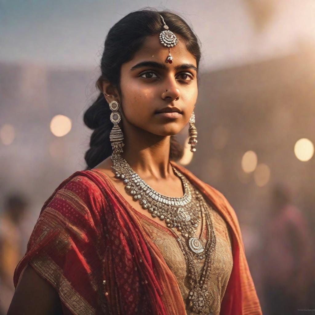  An Indian girl flexing her body hyperrealistic, full body, detailed clothing, highly detailed, cinematic lighting, stunningly beautiful, intricate, sharp focus, f/1. 8, 85mm, (centered image composition), (professionally color graded), ((bright soft diffused light)), volumetric fog, trending on instagram, trending on tumblr, HDR 4K, 8K