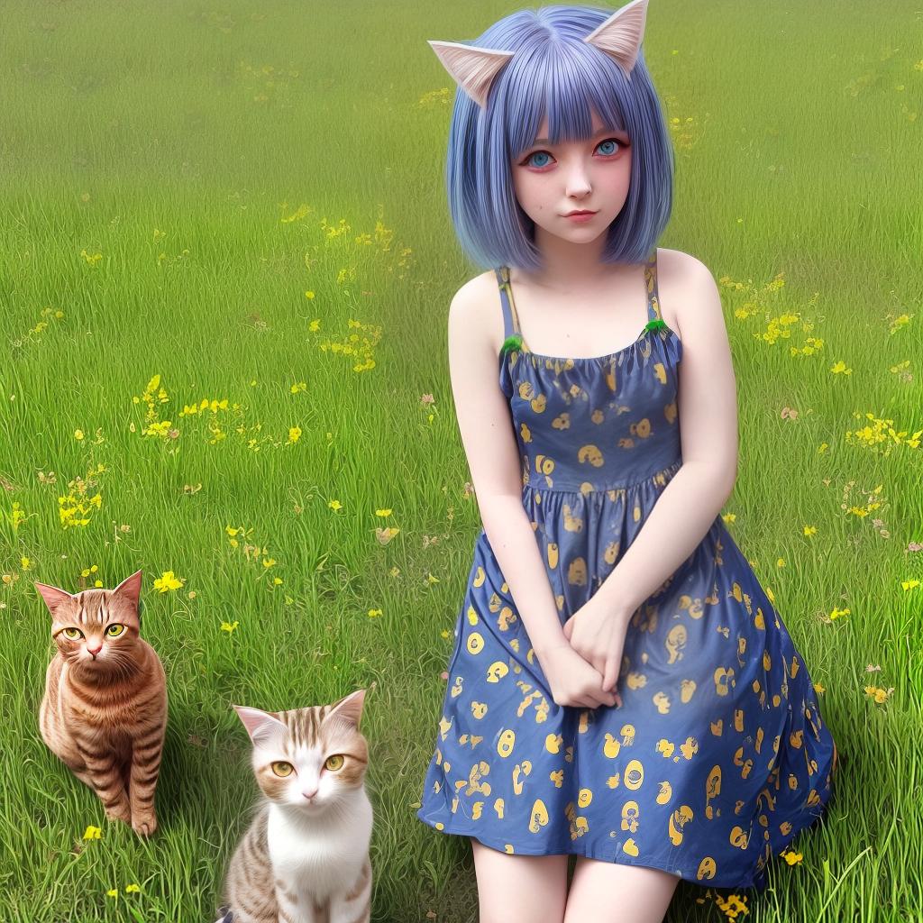  The girl cat with short indigo-colored hair and mismatched gold and green eyes, full-grown, in an anime-inspired dress with a cat print in a field.