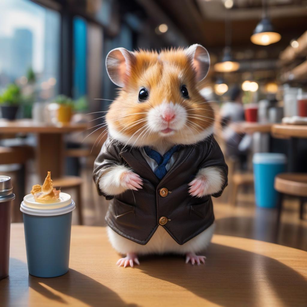  tilt shift photo of The hamster came to the cafe with a thermos. . Selective focus, miniature effect, blurred background, highly detailed, vibrant, perspective control hyperrealistic, full body, detailed clothing, highly detailed, cinematic lighting, stunningly beautiful, intricate, sharp focus, f/1. 8, 85mm, (centered image composition), (professionally color graded), ((bright soft diffused light)), volumetric fog, trending on instagram, trending on tumblr, HDR 4K, 8K