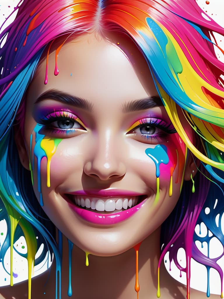  dreamscape masterpiece, best quality, girl, Impactful composition, dripping neon heat splash paint across the shape of a smiling girl with multi-colored hair,, realistic , high detail, white background. body shoot . surreal, ethereal, dreamy, mysterious, fantasy, highly detailed
