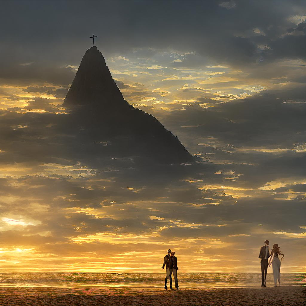  A masterpiece of Copacabana Beach with golden light, featuring Florian with brown hair and sunglasses, Noémie with light chestnut hair, an engagement ring, and Christ the Redeemer in the distance. The scene should be in the style of a high detailed, ultra-detailed painting by a renowned artist. The resolution should be 8k and the best quality. The colors should capture the warm tones of the golden light, and the lighting should emphasize the beauty of the beach and the subjects. hyperrealistic, full body, detailed clothing, highly detailed, cinematic lighting, stunningly beautiful, intricate, sharp focus, f/1. 8, 85mm, (centered image composition), (professionally color graded), ((bright soft diffused light)), volumetric fog, trending on instagram, trending on tumblr, HDR 4K, 8K