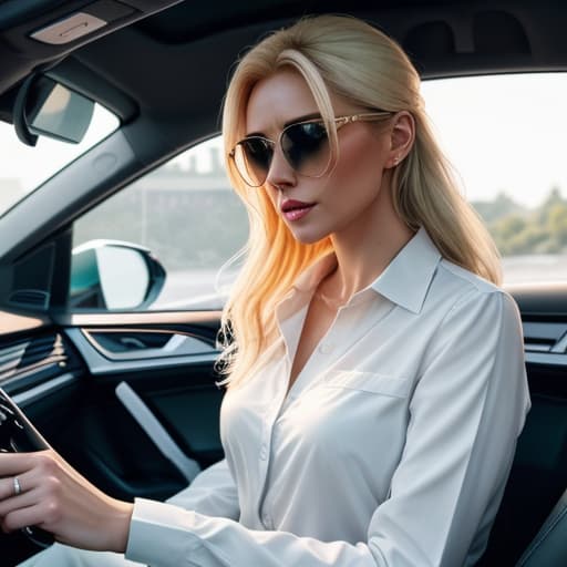  1. **Female Character**: - **Appearance**: A blonde woman with blue eyes and white skin. She has long hair. - **Position**: Sitting in the passenger seat. 2. **Male Character**: - **Appearance**: A white man with dark hair, a short beard, and wearing sunglasses. - **Action**: Smoking a cannabis cigarette. - **Position**: Sitting in the driver's seat. 3. **Vehicle**: - **Type**: A white Volkswagen Golf. - **Scenario**: Inside the car, with the man driving and the woman as the passenger. hyperrealistic, full body, detailed clothing, highly detailed, cinematic lighting, stunningly beautiful, intricate, sharp focus, f/1. 8, 85mm, (centered image composition), (professionally color graded), ((bright soft diffused light)), volumetric fog, trending on instagram, trending on tumblr, HDR 4K, 8K