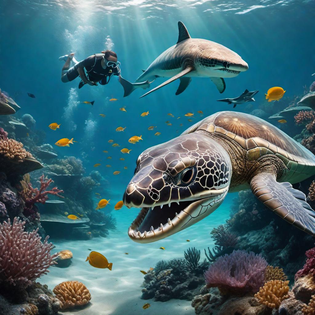  Create an image depicting a realistic ocean scene suitable for a tattoo design. The image should include a sea snake weaving through the water, a skull submerged at the bottom, a jellyfish floating elegantly, a sea turtle swimming gracefully, various fish schooling around, and a menacing shark lurking in the background. The colors should be bright and vivid to highlight each element and bring the underwater scene to life. hyperrealistic, full body, detailed clothing, highly detailed, cinematic lighting, stunningly beautiful, intricate, sharp focus, f/1. 8, 85mm, (centered image composition), (professionally color graded), ((bright soft diffused light)), volumetric fog, trending on instagram, trending on tumblr, HDR 4K, 8K