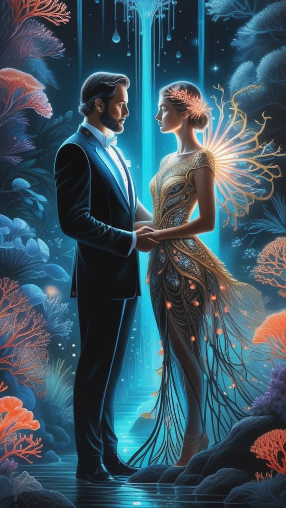  photo RAW, (Ultra detailed illustration of a couple lost in a magical world of wonders, glowy, bioluminescent flora, incredibly detailed, pastel colors, art by Mschiffer, night, bioluminescence, ultrarealistic, hyperrealistice, hyperdetailed: shiny aura, highly detailed, black pearls, gold and coral filigree, intricate motifs, organic tracery, Kiernan Shipka, Januz Miralles, Hikari Shimoda, glowing stardust by W. Zelmer, perfect composition, smooth, sharp focus, sparkling particles, lively coral reef colored background Realistic, realism, hd, 35mm photograph, 8k), masterpiece, award winning photography, natural light, perfect composition, high detail, hyper realistic, add depth, water background hyperrealistic, full body, detailed clothing, highly detailed, cinematic lighting, stunningly beautiful, intricate, sharp focus, f/1. 8, 85mm, (centered image composition), (professionally color graded), ((bright soft diffused light)), volumetric fog, trending on instagram, trending on tumblr, HDR 4K, 8K