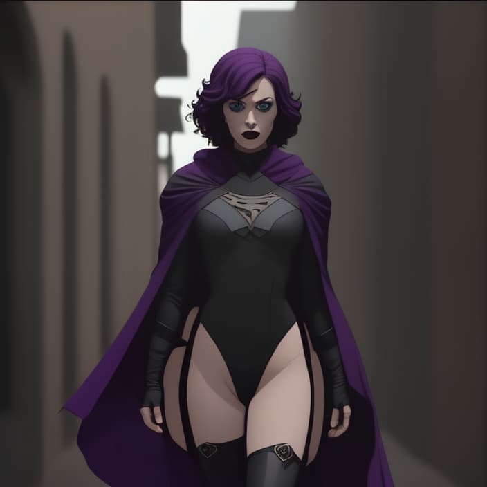  printdesign, in PrintDesign Style, A young gothic woman who is an Azarthian and wearing a black long-sleeved leotard, violet hooded cloak, cinematic lighting; HDR; 8K; superhero; city background; full body; thighs, close up