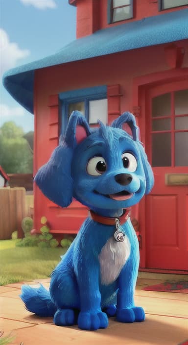  {Max the big blue dog standing in front of a cozy little house with a red door, The big blue dog is large with sky blue fur, big round eyes, a black nose, and floppy ears.