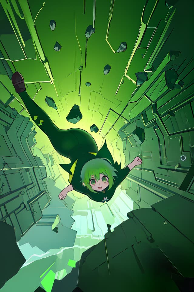  Green hair character falling at the bottom of the abyss