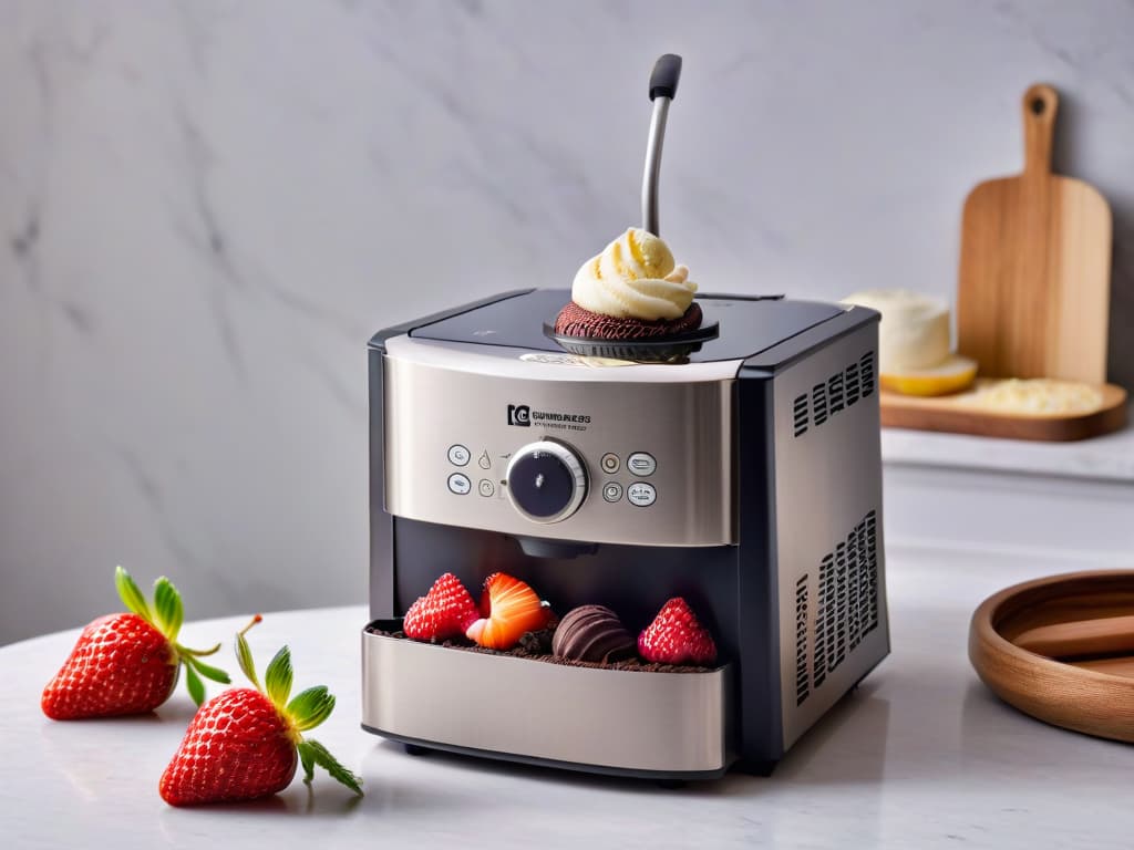  A photorealistic image of a sleek, stainless steel ice cream maker sitting on a marble countertop. The machine is surrounded by fresh ingredients like ripe strawberries, vanilla beans, and dark chocolate chunks. Soft, natural light filters in, casting a warm glow on the scene and creating a cozy, inviting atmosphere. hyperrealistic, full body, detailed clothing, highly detailed, cinematic lighting, stunningly beautiful, intricate, sharp focus, f/1. 8, 85mm, (centered image composition), (professionally color graded), ((bright soft diffused light)), volumetric fog, trending on instagram, trending on tumblr, HDR 4K, 8K