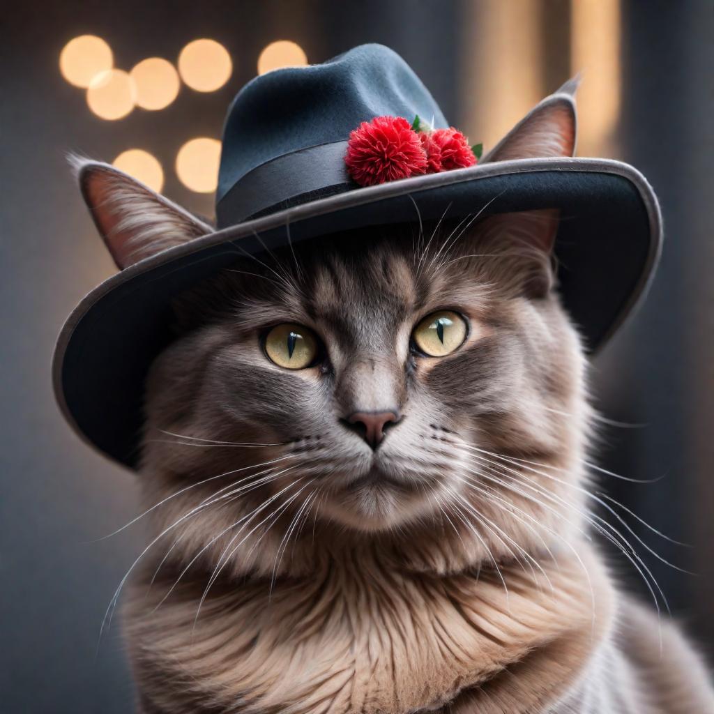  Generate a beautiful picture of a cat with a hat in any background. hyperrealistic, full body, detailed clothing, highly detailed, cinematic lighting, stunningly beautiful, intricate, sharp focus, f/1. 8, 85mm, (centered image composition), (professionally color graded), ((bright soft diffused light)), volumetric fog, trending on instagram, trending on tumblr, HDR 4K, 8K