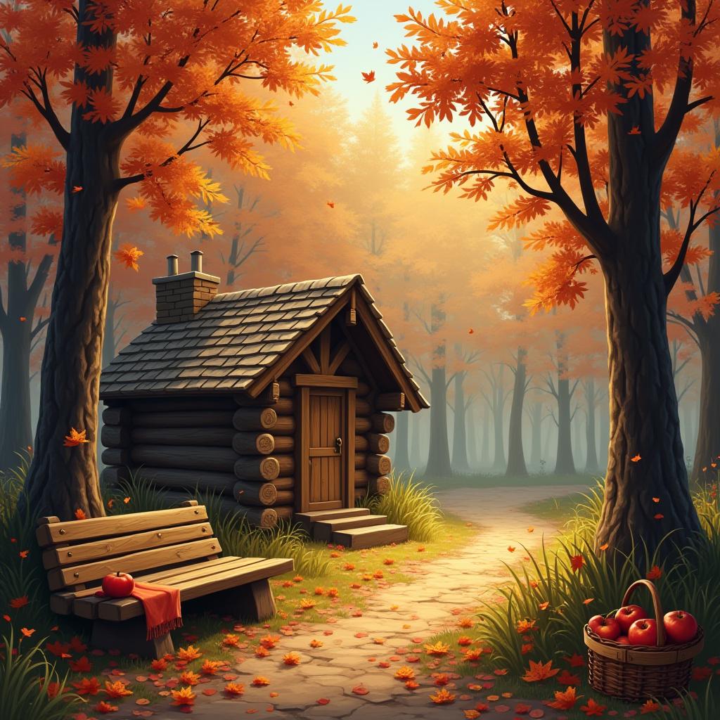  create an image of a cozy autumn forest with colorful leaves on the trees, soft sunlight shining through the foliage, and a narrow path leading to a small log house. around the house there is a wooden bench with a blanket on it, and a basket of apples is visible nearby.