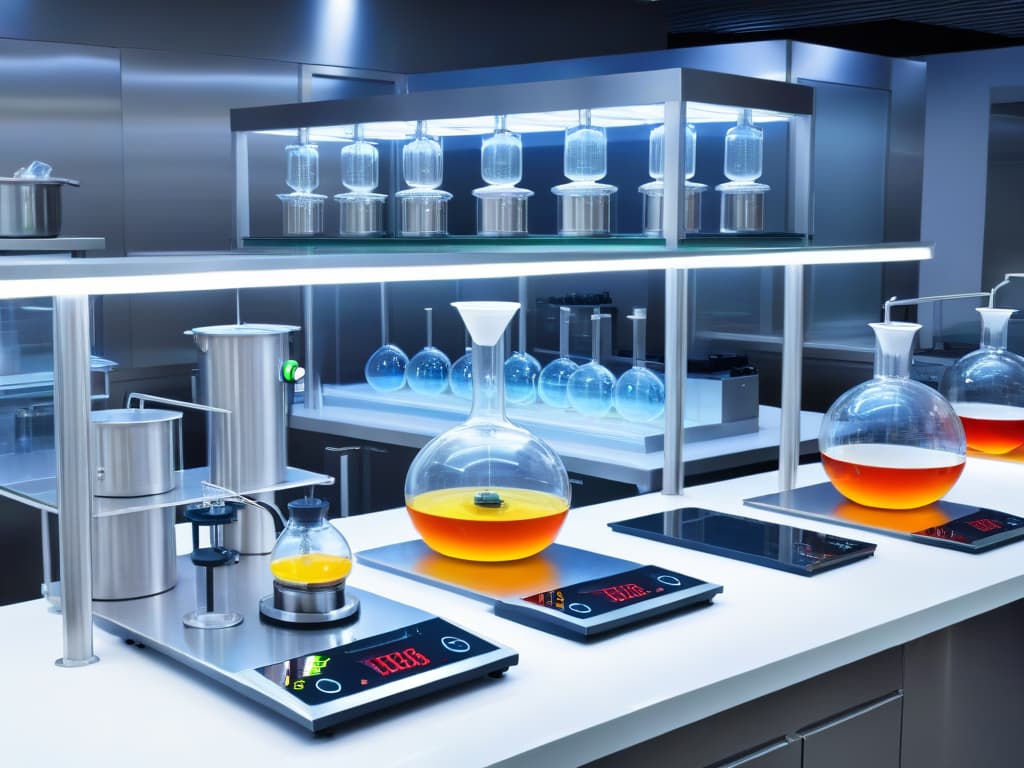  An ultradetailed image of a sleek, modern laboratory setup for molecular gastronomy, featuring hightech equipment like rotary evaporators, precision scales, and intricate glassware arranged neatly on a pristine stainless steel countertop. The setting exudes a futuristic ambiance with soft, ambient lighting casting a warm glow on the scientific instruments, creating a visually captivating scene that embodies the essence of incorporating exotic flavors into molecular pastry creations. hyperrealistic, full body, detailed clothing, highly detailed, cinematic lighting, stunningly beautiful, intricate, sharp focus, f/1. 8, 85mm, (centered image composition), (professionally color graded), ((bright soft diffused light)), volumetric fog, trending on instagram, trending on tumblr, HDR 4K, 8K