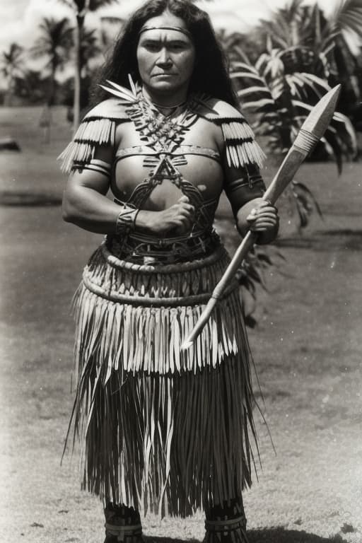  Pasifika woman in armour holding polynesian war club