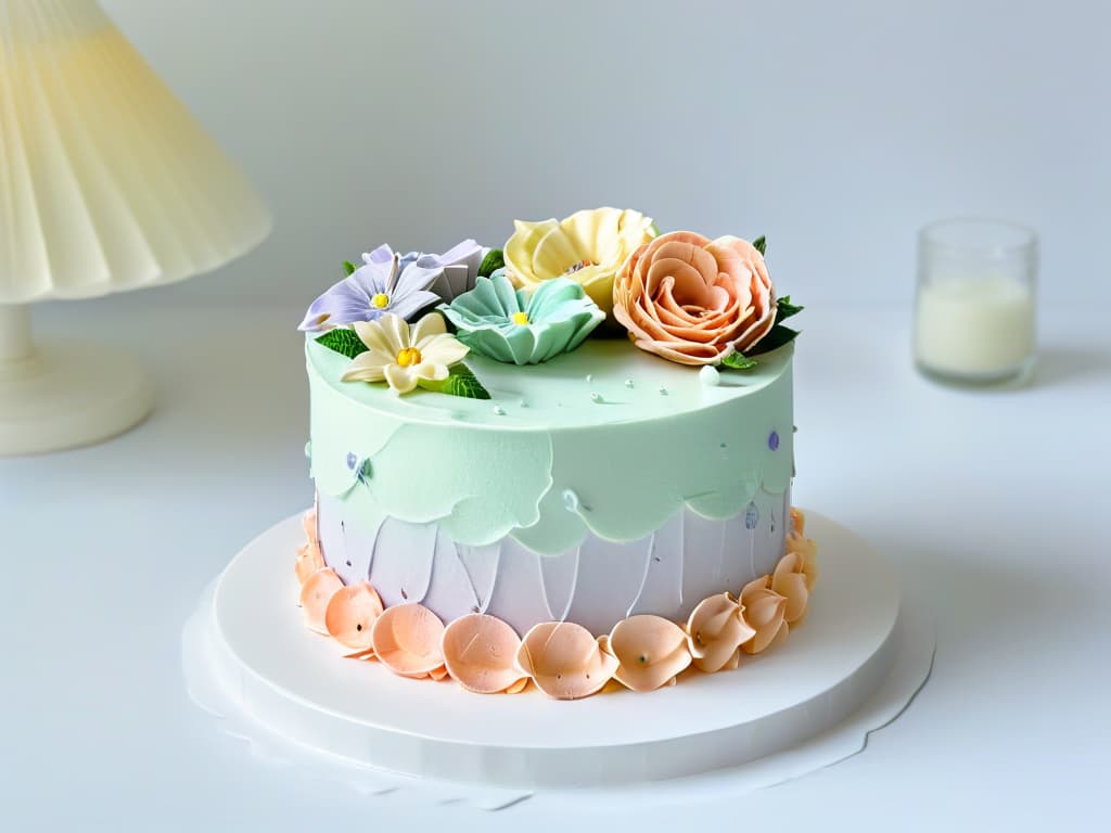  A closeup, ultrahigh resolution image of a delicate, intricately decorated cake showcasing a harmonious color combination of pastel pink, mint green, and soft lavender. The cake is adorned with meticulously piped buttercream flowers in shades of peach, lilac, and pale yellow, creating a visually stunning and appetizing masterpiece. The details are so crisp that each petal and swirl of icing is perfectly defined, inviting the viewer to appreciate the artistry of color coordination in pastry making. hyperrealistic, full body, detailed clothing, highly detailed, cinematic lighting, stunningly beautiful, intricate, sharp focus, f/1. 8, 85mm, (centered image composition), (professionally color graded), ((bright soft diffused light)), volumetric fog, trending on instagram, trending on tumblr, HDR 4K, 8K