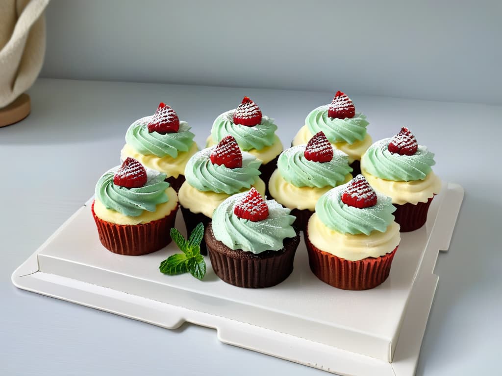  An ultradetailed, 8k resolution image of a beautifully arranged assortment of keto cupcakes on a sleek, modern serving platter. The cupcakes are meticulously decorated with swirls of whipped cream, fresh berries, and delicate mint leaves, showcasing a variety of flavors and colors. The background is a soft, blurred gradient that subtly highlights the intricate details of each cupcake, creating a visually stunning and mouthwatering composition that perfectly captures the essence of "Cupcakes keto: Pequeñas delicias que conquistarán tu paladar". hyperrealistic, full body, detailed clothing, highly detailed, cinematic lighting, stunningly beautiful, intricate, sharp focus, f/1. 8, 85mm, (centered image composition), (professionally color graded), ((bright soft diffused light)), volumetric fog, trending on instagram, trending on tumblr, HDR 4K, 8K