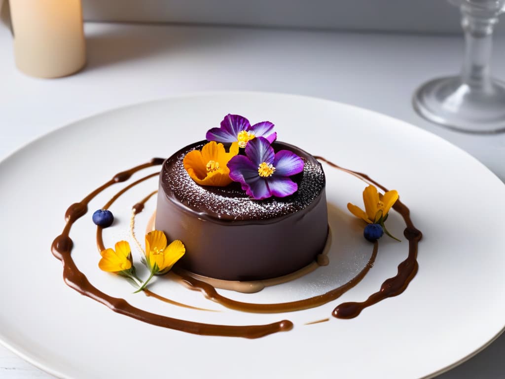  A closeup, ultradetailed image of a perfectly crafted, ethically sourced chocolate dessert on a sleek, modern plate. The dessert is elegantly decorated with intricate swirls of caramel sauce and delicate edible flowers, highlighting the artistry and sustainability of ethical baking practices. The background is a soft focus, emphasizing the dessert's exquisite presentation and inviting the viewer to savor every detail of this sustainable culinary creation. hyperrealistic, full body, detailed clothing, highly detailed, cinematic lighting, stunningly beautiful, intricate, sharp focus, f/1. 8, 85mm, (centered image composition), (professionally color graded), ((bright soft diffused light)), volumetric fog, trending on instagram, trending on tumblr, HDR 4K, 8K