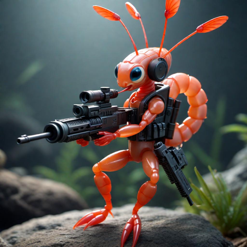  An animated shrimp character holding a tiny little machine gun, depicted in a cartoonish style. hyperrealistic, full body, detailed clothing, highly detailed, cinematic lighting, stunningly beautiful, intricate, sharp focus, f/1. 8, 85mm, (centered image composition), (professionally color graded), ((bright soft diffused light)), volumetric fog, trending on instagram, trending on tumblr, HDR 4K, 8K