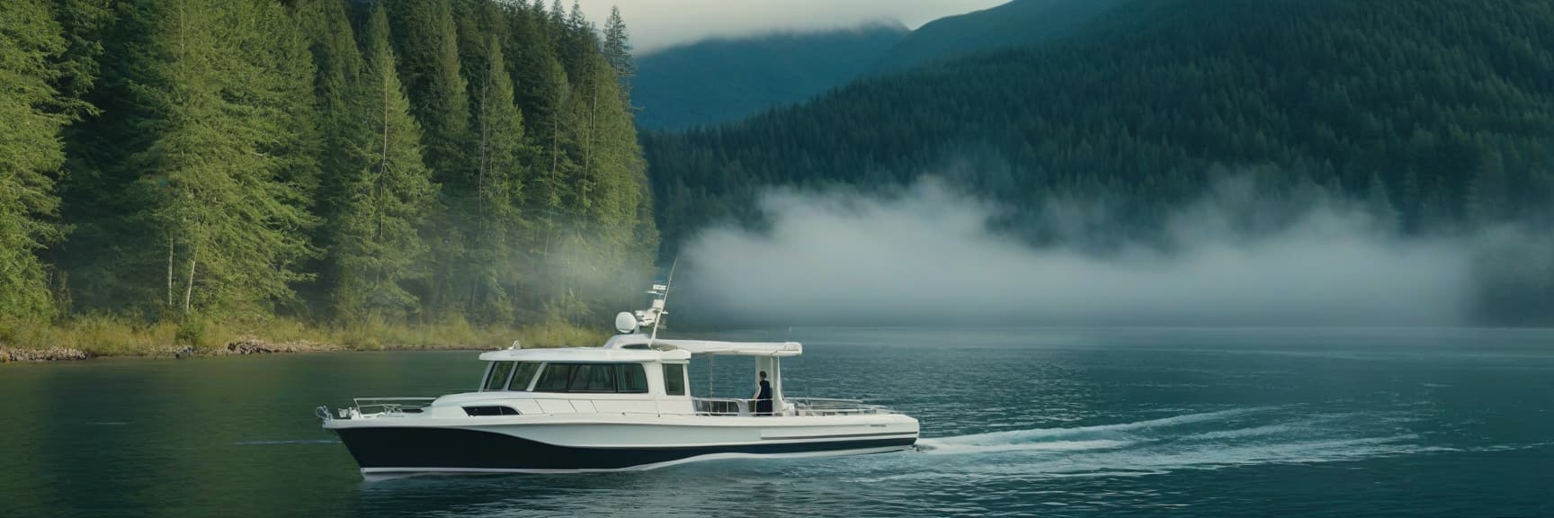  cinematic film still on the right is a beautiful modern white boat, on the left is water, in the background there is a forest and small mountains . shallow depth of field, vignette, highly detailed, high budget, bokeh, cinemascope, moody, epic, gorgeous, film grain, grainy hyperrealistic, full body, detailed clothing, highly detailed, cinematic lighting, stunningly beautiful, intricate, sharp focus, f/1. 8, 85mm, (centered image composition), (professionally color graded), ((bright soft diffused light)), volumetric fog, trending on instagram, trending on tumblr, HDR 4K, 8K