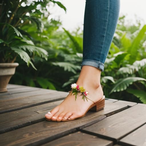  A detailed image of a pair of feet wearing colorful toe rings and resting on a wooden deck with lush greenery in the background. The focus is on the feet, showcasing the intricate details of the toe rings and the natural beauty of the setting hyperrealistic, full body, detailed clothing, highly detailed, cinematic lighting, stunningly beautiful, intricate, sharp focus, f/1. 8, 85mm, (centered image composition), (professionally color graded), ((bright soft diffused light)), volumetric fog, trending on instagram, trending on tumblr, HDR 4K, 8K