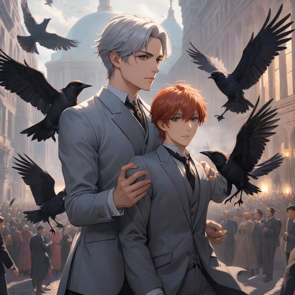  A drawing of two young men, one is below the other, the one below has reddish short hair, the one above silver haired, the one above is taller than the one below, he holds the other by the waist, both are dressed in light, classical suits, a flock of crows flies around them. hyperrealistic, full body, detailed clothing, highly detailed, cinematic lighting, stunningly beautiful, intricate, sharp focus, f/1. 8, 85mm, (centered image composition), (professionally color graded), ((bright soft diffused light)), volumetric fog, trending on instagram, trending on tumblr, HDR 4K, 8K