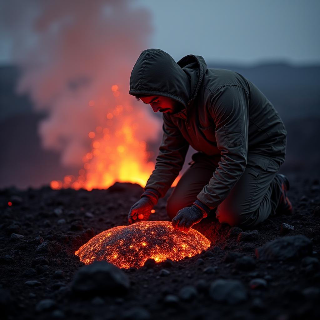  good quality, high quality, volcanologist collecting lava sample during active eruption for geological research analysis. concept volcanology fieldwork, active eruption research, lava sample collection