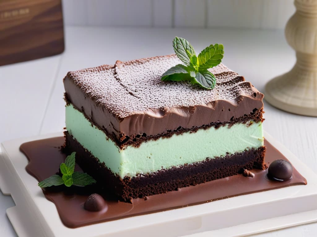  An ultradetailed closeup image of a decadent Peppermint Slice, showcasing layers of rich dark chocolate, creamy mint filling, and a smooth chocolate topping, all dusted with a sprinkle of vibrant green mint leaves. The dessert sits elegantly on a sleek, white marble surface, with subtle shadows adding depth and dimension to the scene. hyperrealistic, full body, detailed clothing, highly detailed, cinematic lighting, stunningly beautiful, intricate, sharp focus, f/1. 8, 85mm, (centered image composition), (professionally color graded), ((bright soft diffused light)), volumetric fog, trending on instagram, trending on tumblr, HDR 4K, 8K