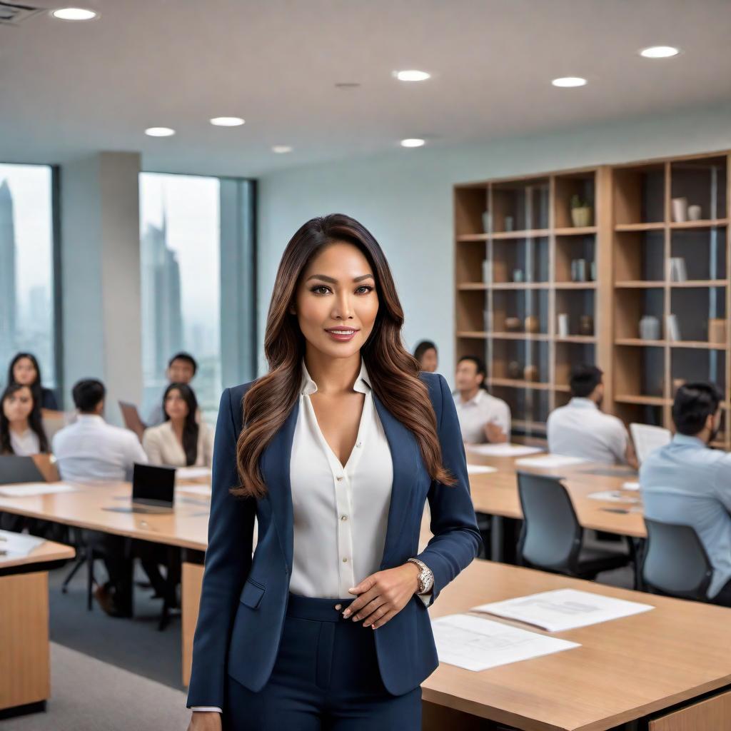  Create an image of a Filipino woman in a classroom setting presenting to architects. She is holding a long door pull cabinet hardware in her hand, pointing at its features, with a model of a high-rise glass apartment complex in the background. hyperrealistic, full body, detailed clothing, highly detailed, cinematic lighting, stunningly beautiful, intricate, sharp focus, f/1. 8, 85mm, (centered image composition), (professionally color graded), ((bright soft diffused light)), volumetric fog, trending on instagram, trending on tumblr, HDR 4K, 8K