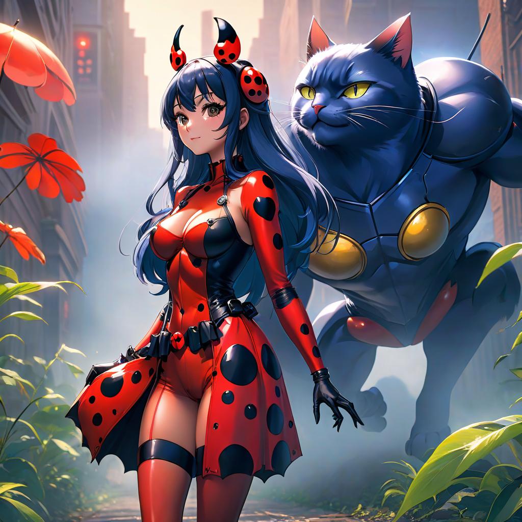  anime artwork Lady Bug and Super Cat . anime style, key visual, vibrant, studio anime, highly detailed hyperrealistic, full body, detailed clothing, highly detailed, cinematic lighting, stunningly beautiful, intricate, sharp focus, f/1. 8, 85mm, (centered image composition), (professionally color graded), ((bright soft diffused light)), volumetric fog, trending on instagram, trending on tumblr, HDR 4K, 8K