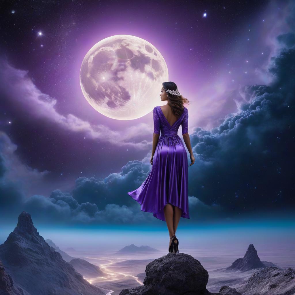  Flying saucer. Space, fantasy. Purple, blue, silver colors. Moon. Purple silk linen. Topaz, diamonds, quartzite, amber, topaz, emerald. The meeting of the sun and the moon. hyperrealistic, full body, detailed clothing, highly detailed, cinematic lighting, stunningly beautiful, intricate, sharp focus, f/1. 8, 85mm, (centered image composition), (professionally color graded), ((bright soft diffused light)), volumetric fog, trending on instagram, trending on tumblr, HDR 4K, 8K