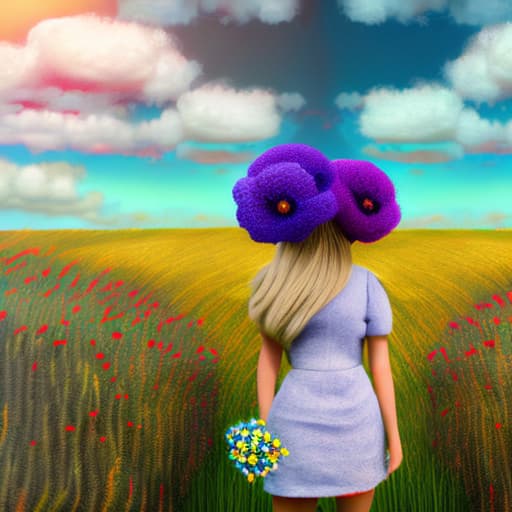 wa-vy style Tall grass, poppies and purple lupins in field. Blond haired girl in white dress holding bouquet of flowers sky is blue few clouds sun streams through clouds vivid colors looks like impressionistic painting painting vivid color dream like