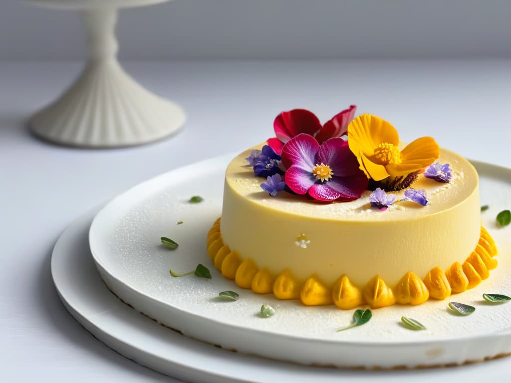  A closeup, ultradetailed image of a delicate, intricately designed pastry topped with vibrant edible flowers, surrounded by a subtle haze of steam to enhance the multisensorial experience. The dessert is placed on a sleek, modern plate with a minimalist aesthetic, showcasing the artistry and attention to detail in the creation of sensory delights in the world of pastry and music fusion. hyperrealistic, full body, detailed clothing, highly detailed, cinematic lighting, stunningly beautiful, intricate, sharp focus, f/1. 8, 85mm, (centered image composition), (professionally color graded), ((bright soft diffused light)), volumetric fog, trending on instagram, trending on tumblr, HDR 4K, 8K