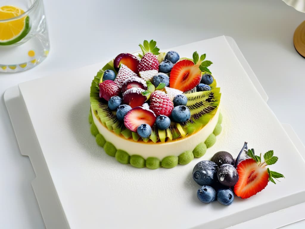  A minimalist image of a vibrant array of highend fruit tarts, each meticulously garnished with fresh berries, kiwi slices, and edible flowers on a sleek, white marble serving platter. The tarts exhibit a perfect balance of colors and textures, showcasing the artistry and sophistication of these premium fruit desserts. hyperrealistic, full body, detailed clothing, highly detailed, cinematic lighting, stunningly beautiful, intricate, sharp focus, f/1. 8, 85mm, (centered image composition), (professionally color graded), ((bright soft diffused light)), volumetric fog, trending on instagram, trending on tumblr, HDR 4K, 8K