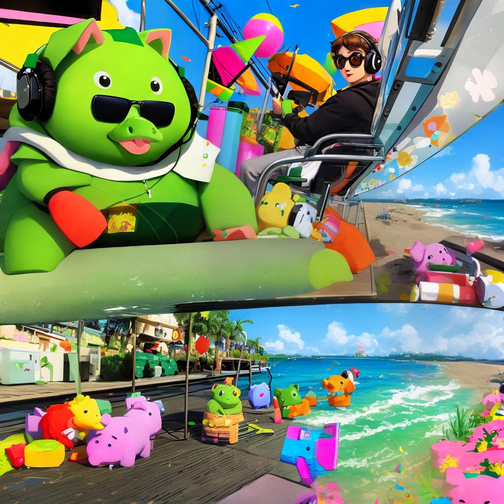  masterpiece, best quality, green pig wearing headphones non-human, sunglasses,8bit games, glowing skin, seaside, explosion