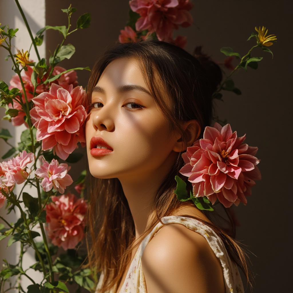  a realistic portrait of a young woman surrounded by a vibrant bouquet of flowers. the light is soft and natural, highlighting the delicate details of her face and the intricate textures of the blossoms. the composition is balanced, with a sense of intimacy and quiet beauty. high quality photorealistic details, soft focus, natural lighting, muted colors. hyperrealistic, full body, detailed clothing, highly detailed, cinematic lighting, stunningly beautiful, intricate, sharp focus, f/1. 8, 85mm, (centered image composition), (professionally color graded), ((bright soft diffused light)), volumetric fog, trending on instagram, trending on tumblr, HDR 4K, 8K