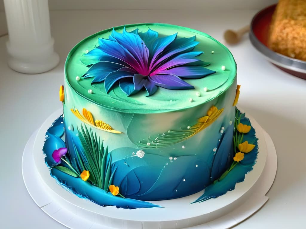  A closeup, photorealistic image of a delicate, intricately decorated cake adorned with edible paint using modern airbrushing techniques. The cake features vibrant colors and intricate patterns that showcase the impressive effects achievable with edible painting and airbrushing. The details are so precise that every brushstroke and spray of paint is clearly visible, highlighting the artistry and skill involved in creating such a visually stunning and delicious work of art. hyperrealistic, full body, detailed clothing, highly detailed, cinematic lighting, stunningly beautiful, intricate, sharp focus, f/1. 8, 85mm, (centered image composition), (professionally color graded), ((bright soft diffused light)), volumetric fog, trending on instagram, trending on tumblr, HDR 4K, 8K