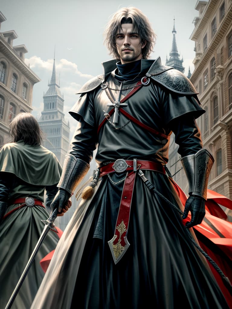  On the square of a medieval city, knights engage in battle with invading undead spirits, while in the center of the square, the leader of the knights fights against the demon king, hyperrealistic, full body, detailed clothing, highly detailed, cinematic lighting, stunningly beautiful, intricate, sharp focus, f/1. 8, 85mm, (centered image composition), (professionally color graded), ((bright soft diffused light)), volumetric fog, trending on instagram, trending on tumblr, HDR 4K, 8K