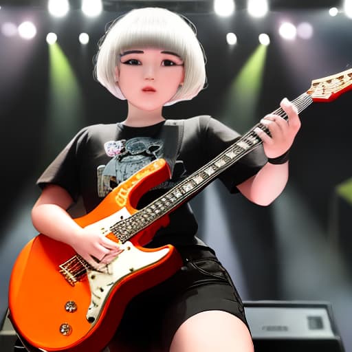  A girl with short hair playing Thrash metal on stage，