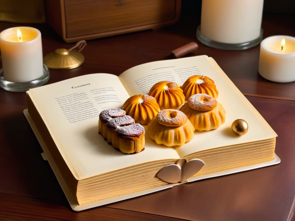  A highresolution, minimalist image of an elegantly designed vintage cookbook open on a wooden table, showcasing intricate illustrations of traditional pastries and desserts with a subtle golden hue cast by a nearby candle, evoking a sense of nostalgia and craftsmanship. hyperrealistic, full body, detailed clothing, highly detailed, cinematic lighting, stunningly beautiful, intricate, sharp focus, f/1. 8, 85mm, (centered image composition), (professionally color graded), ((bright soft diffused light)), volumetric fog, trending on instagram, trending on tumblr, HDR 4K, 8K