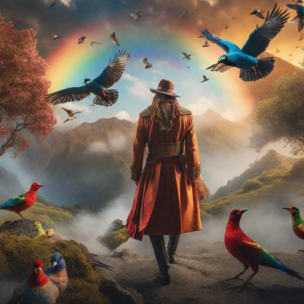  earth with rainbow in sky and birds flying around hyperrealistic, full body, detailed clothing, highly detailed, cinematic lighting, stunningly beautiful, intricate, sharp focus, f/1. 8, 85mm, (centered image composition), (professionally color graded), ((bright soft diffused light)), volumetric fog, trending on instagram, trending on tumblr, HDR 4K, 8K