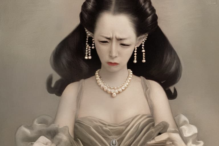  Upset woman clutching pearl necklace