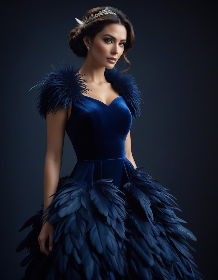  Portrait of a beautiful girl in a dark blue velvet Lorrain dress, on beautiful hair adorned with soft feathers of dark blue colour hyperrealistic, full body, detailed clothing, highly detailed, cinematic lighting, stunningly beautiful, intricate, sharp focus, f/1. 8, 85mm, (centered image composition), (professionally color graded), ((bright soft diffused light)), volumetric fog, trending on instagram, trending on tumblr, HDR 4K, 8K